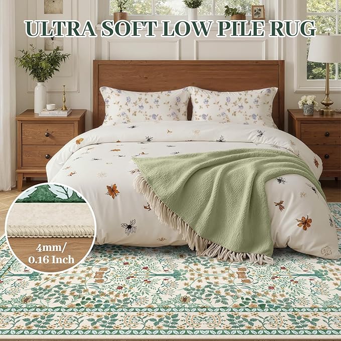 6x9 Area Rugs Living Room Rug - Floral Vintage Morris-Inspired Washable Carpet, Low Pile Non-Shedding Stain Resistance Boho Soft Carpet for Bedroom, Dining Room, Office, Farmhouse (6'x9' Beige Green)