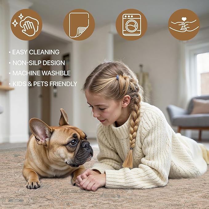 9x12 Area Rug Machine Washable Boho Rug for Living Room,Ultra-Thin Low Pile Carpet,Lightweight Indoor Printed Rug,Non Slip Floral Area Rug for Bedroom, Dining Room, Home Office,Light Beige