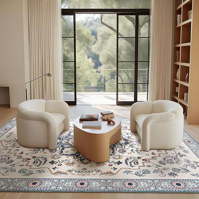 Phantoscope Washable Area Rug 6'x9' Non-Slip, Vintage Boho Rugs for Living Room, Bedroom, Dining Room, Persian Floral Medallion Pattern, Low-Pile Foldable Floor Carpet, Ivory Blue/Garden Bloom