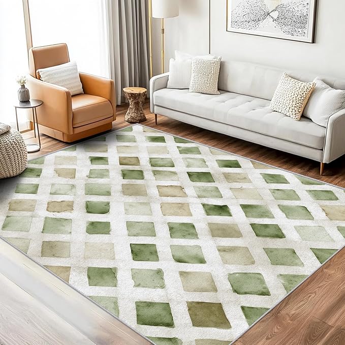 Checkered Rug, Washable 6x9 Rug for Living Room, Geometric Rhombus Patterned Indoor Carpet, Checkered Decor for Home, Bedroom, Soft Non Slip Thin Design FER41