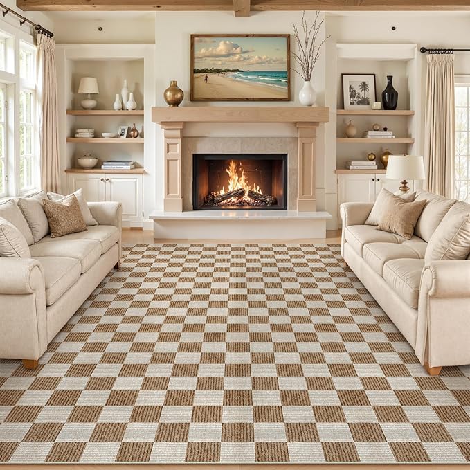 LIVEBOX 9x12 Area Rugs for Living Room, Checkered Non-Slip Washable Rugs, Farmhouse Neutral Classic Geometric Large Boys Area Rug for Bedroom, Carpet for Living Dining Room Office(Brown,9'x12')