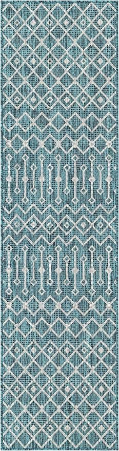 Unique Loom Outdoor Trellis Collection Area Rug - Tribal Trellis (2' x 8' Runner, Teal/ Ivory)