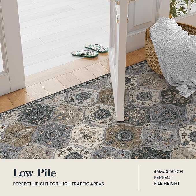 Lahome Moroccan Trellis Area Rug, 2x3 Entryway Rug Non-Slip Washable Indoor Door Mat, Small Oriental Accent Throw Carpet for Bedroom Kitchen Entry Bathroom, Grey