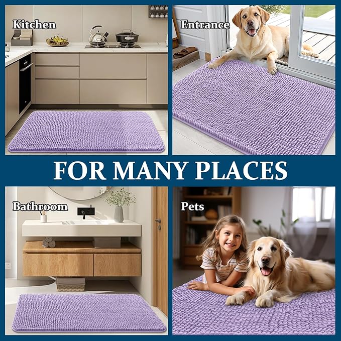 OLANLY Dog Door Mat for Muddy Paws 47x20, Absorbs Moisture and Dirt, Absorbent Non-Slip Washable Doormat, Quick Dry Chenille Mud Mat for Dogs, Entry Indoor Entryway Carpet for Inside Floor, Lavender