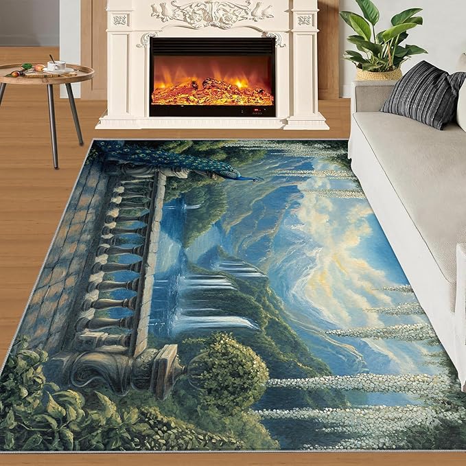 Peacock Rug Small - 3x5 Rug, Peacock Decor Washable Rugs for Living Room, Nature Waterfall Carpet, Natural Landscapes Non-Slip Area Rugs for Bedroom, Aesthetics Carpet - Peafowl Home Decor & Gifts