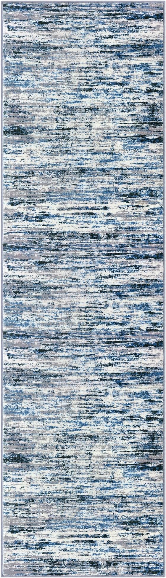 Modern Abstract Bedroom Runner Rug 2x7, Grey Blue White Washable Kitchen Runner, Non-Slip Soft Thin Faux Wool Mat for Entryway, Hallway, Laundry Room, Indoor Home Decor