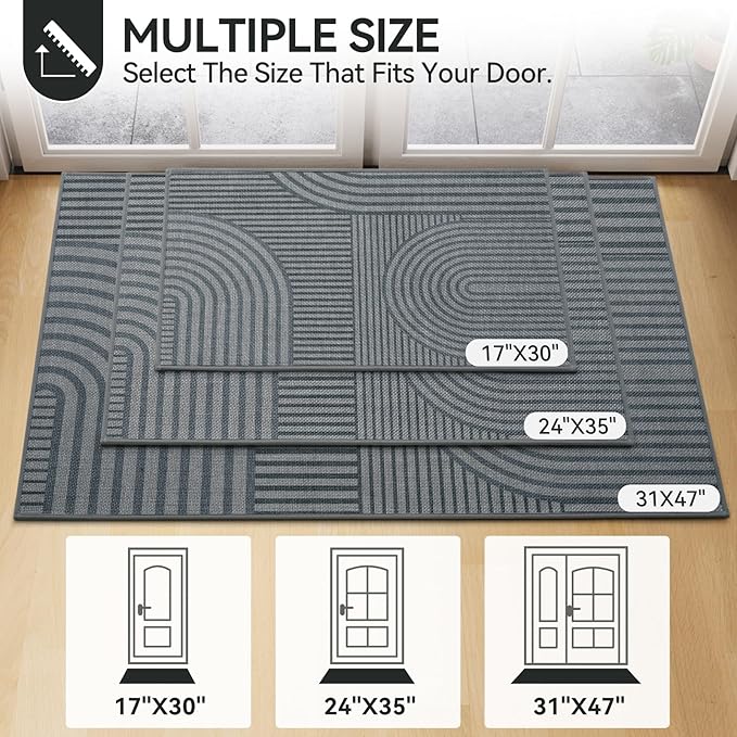 Front Door Mat 17''x30'', Absorbent Muddy Dirt Resist Washable Non Slip Low-Profile Indoor Doormat,Easy Clean Welcome Entryway Door Mats, Grey