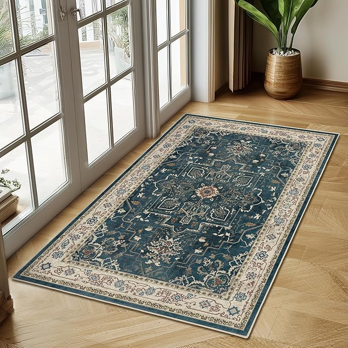 Dark Blue Throw Rugs for Entryway, Washable 4x6 Dark Rug with Rubber Backing for Living Room Bedroom, Vintage Medallion Distressed Area Rug for Kitchen/Bathroom/Dorm/Home Office