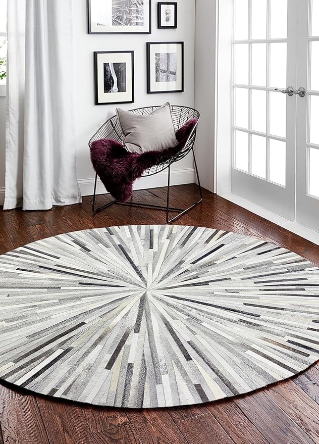 Faux Cowhide Round Area Rug | Non-Slip Leather Floor Carpet for Living Room, Bedroom, and Home Décor | Modern Stylish Accent Rug(Grey_3x3)