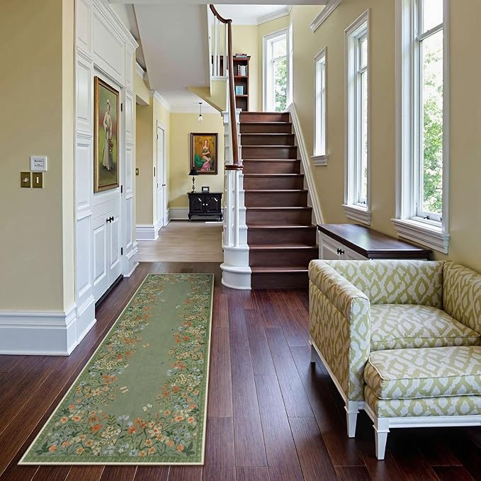 Lahome Boho Floral 2'6"x8 Green Washable Hallway Kitchen Runner Rug, Non Skid Bathroom Carpet Runners, Soft Non-Slip Indoor Rug Runners for Entryway Laundry Bedroom(Green,2'6"x8)