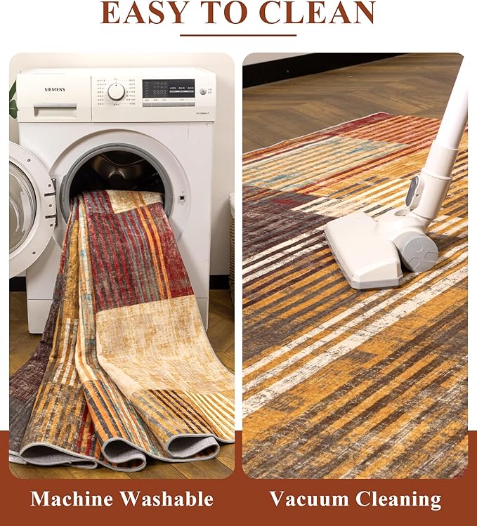 YIHOUSE Brown Area Rug 4x6, Farmhouse Rugs Washable,Vintage Burgundy Carpets for Bedroom,Burnt Orange Area Rug Non Slip,Geometric Boho Rug for Kitchen,Dining Room