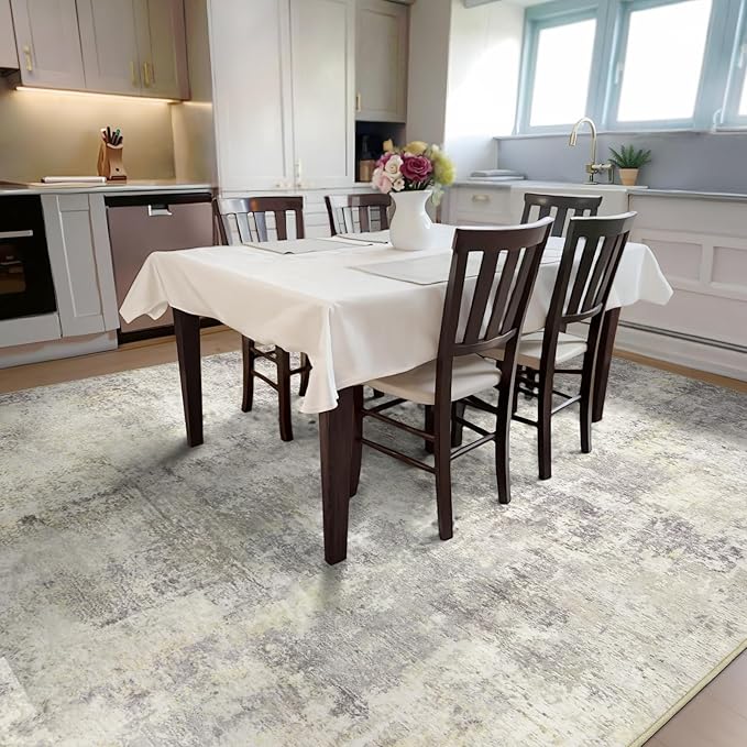 Washable Area Rug 5x7 - Neutral Modern Abstract Rugs, Soft Non Slip Thin Carpet with for Bedroom, Under Dining Room Table, Home, Office, Dorm, Office Rolling Chair - Brown Grey
