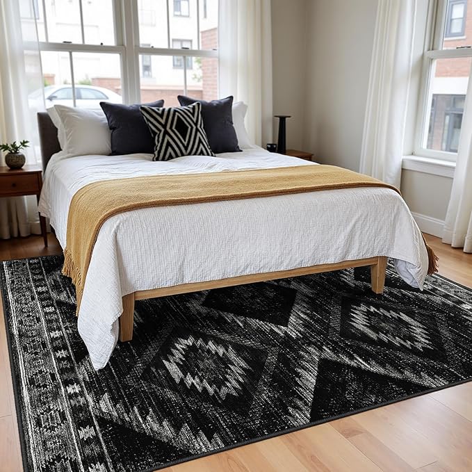 Area Rug 6x8 Rug Machine Washable Non-Slip Low Pile Print Pattern Western Rug for Living Room Bedroom Entryway Tribal Series-Black