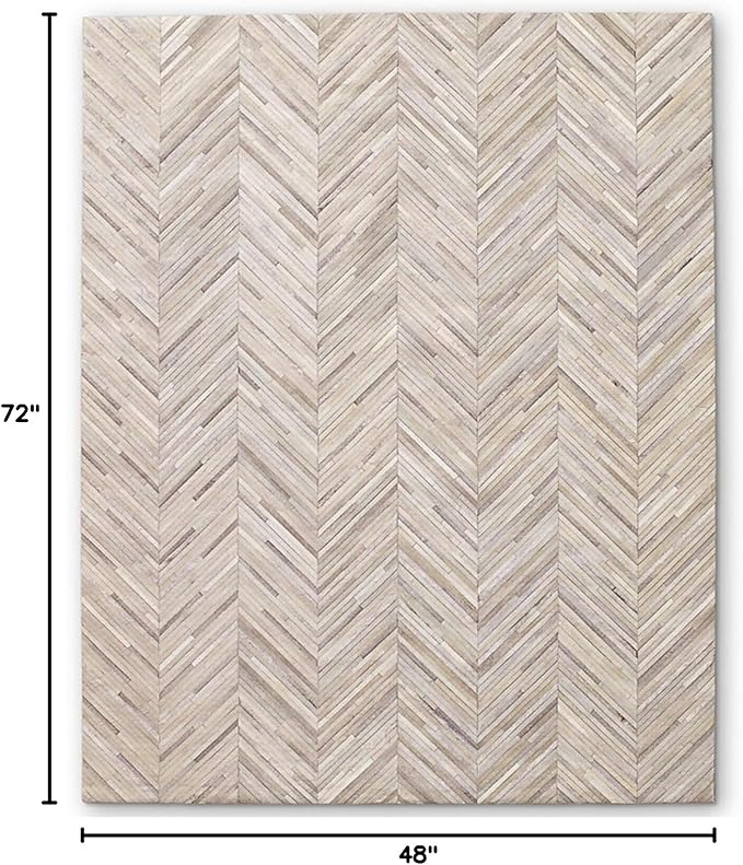 Premium Rectangular Rug Cowhide Leather Stylish Non Slip Chevron Patchwork Area Rug for Living Room,Home Décor and Entryway Floor Carpet (Beige-4 x 6 ft)