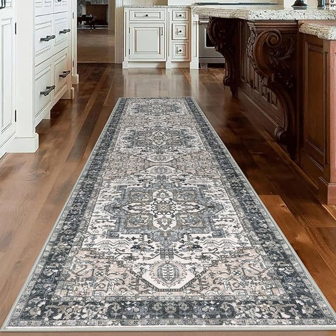 KOZYFLY Long Runners for Hallways 3x10 Ft Washable Kitchen Rug Faux Wool Printed Stair Runner Floor Carpet for Bedroom Entryway Stairs Kitchen Hall Indoor Use, Black/Taupe/Beige