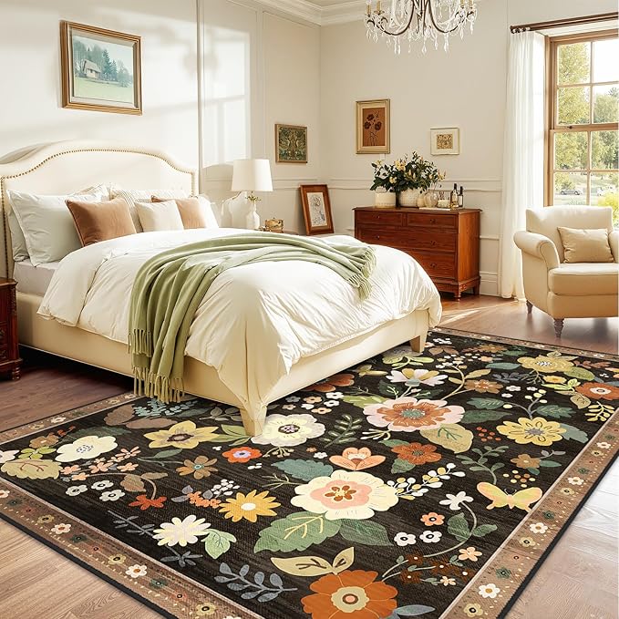 Floral 6x9 Area Rug Machine Washable Soft Print Boho Carpet Non Slip Doormat Low Pile Flower Area Rugs for Living Room Bedroom Nursery Kitchen Dining Room Indoor-Black/Yellow/Red
