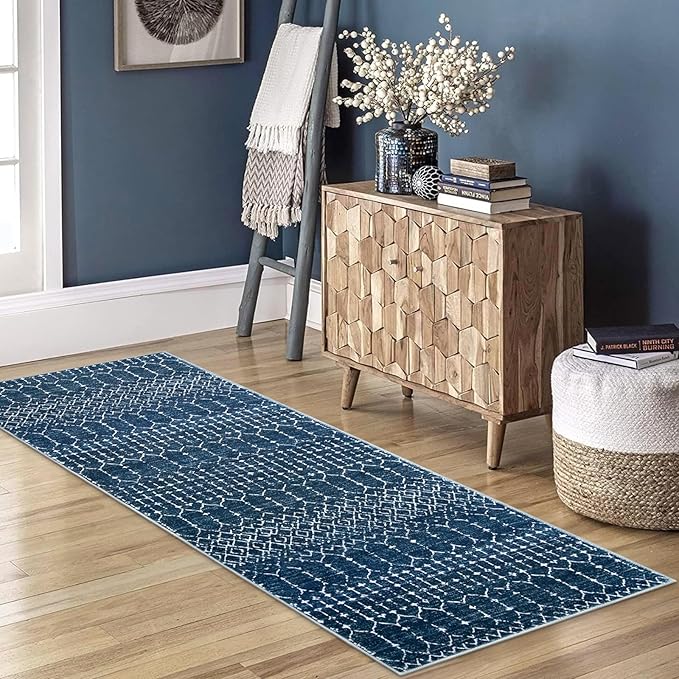 Lahome Moroccan 2x5 Washable Blue Runner Rug, Non-Slip Low-Pile Stain Resistant Kitchen Rugs, Geometric Soft Bathroom Runner Carpet for Entrance Bedroom Laundry (Blue,2'x5')