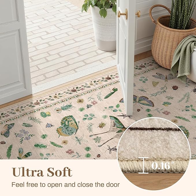 7x9 Low Pile Machine Washable Bug Rug - Indoor Non-Slip Insect Print Rug for Entryway, Living Room, Bedroom, Kitchen, Front Door, Laundry (7'x9' Beige Green)