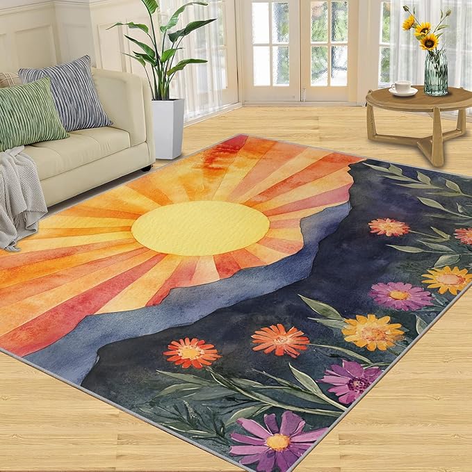 Boho Sun Area Rugs 5x6ft, Radiant Sunburst Rugs for Kids Bedroom, Geometric Solar Office Rug Low Pile are Not Stumbling Foot for Living Room End Table Nursery
