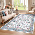 GarveeHome Washable Rug 6 x 9, Low Pile Farmhouse Floral Rug, Non-Shedding Indoor Foldable Printed Carpet Non-Slip Soft Vintage Throw for Bedroom Dining Room Kitchen, Light Blue