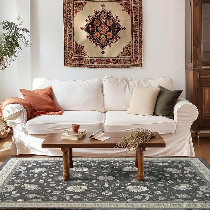 EVERGRACE Area Rugs for Living Room 5x7, Boho Floral Faux Wool Indoor Outdoor Rugs, Washable Rugs for Bedroom Dining Room Entryway Kitchen, Low Pile Floor Mat Carpet for Home Decor, Ebony Black