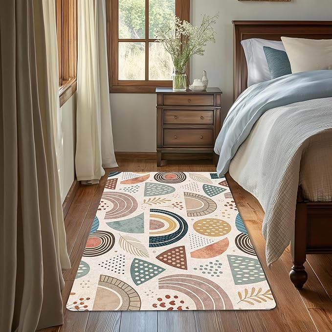 Bohemian Rainbow Washable 3x5 Area Rugs for Living Room, Thin Low Pile Contemporary Carpet, Non-Slip Base Lightweight Rug