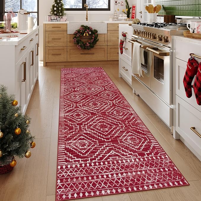 Wonnitar Moroccan Washable 2.5x8 Christmas Runner Rug for Hallway, Non-Slip Stain Resistant Kitchen Runners, Farmhouse Floor Carpet Soft Runner for Bathroom Hall Entyway (Red,2'6"x8')