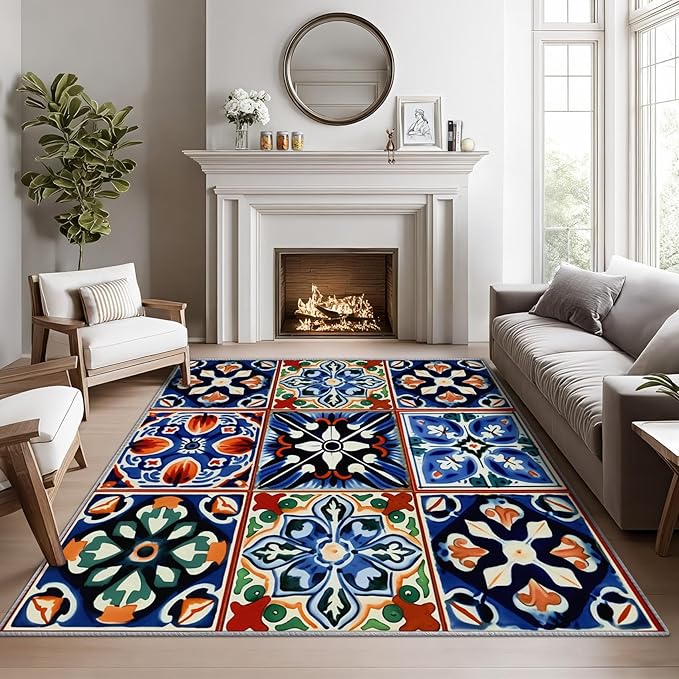 Moroccan Trellis Rugs 8x10-7x9 ft, Moroccan Tile Rug, Colorful Trellis Rugs for Living Room Bedroom, Geometric Patchwork Washable Area Rug Soft Carpet, Oriental Traditional Home Decor & Gifts