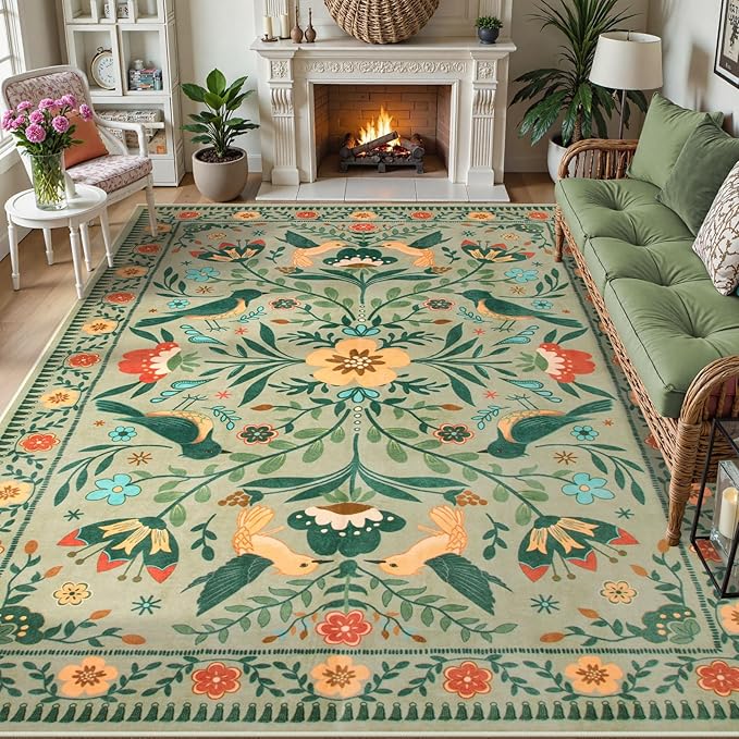 Moynesa Area Rugs 9x12 Green Aesthetic Home Decor, Modern Farmhouse Country Floral Bird Print Pattern Medallion Carpet for Living Room Bedroom Dining Room,Non-Slip Washable Floor Protection
