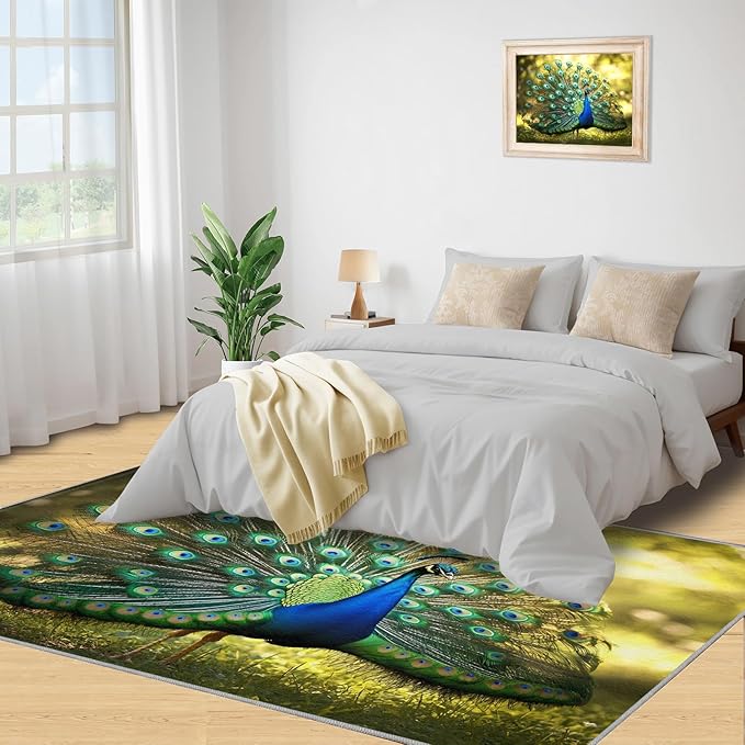 Peacock Rug 3x4-3x4 Rug, Wonderful Peacock Area Rugs for Bedroom, Nature Rugs for Living Room, Modern Style Washable Mat, Aesthetics Carpet - Peafowl Home Decor & Gifts