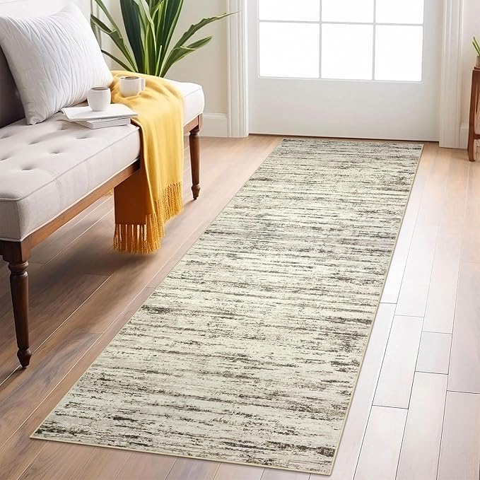 Modern Abstract Runner Rug, 2x6 Feet, Beige, Faux Wool, Machine Washable, Non-Slip, Soft, Kid & Pet Friendly