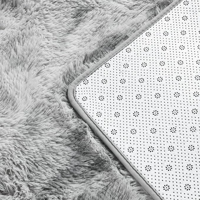 Large Shag Area Rugs 6 x 9, Tie-Dyed Plush Fuzzy Rug for Living Room, Ultra Soft Fluffy Furry Rugs for Bedroom, Indoor Carpet Nursery Rugs for Kids Room Home Decor, Light Grey