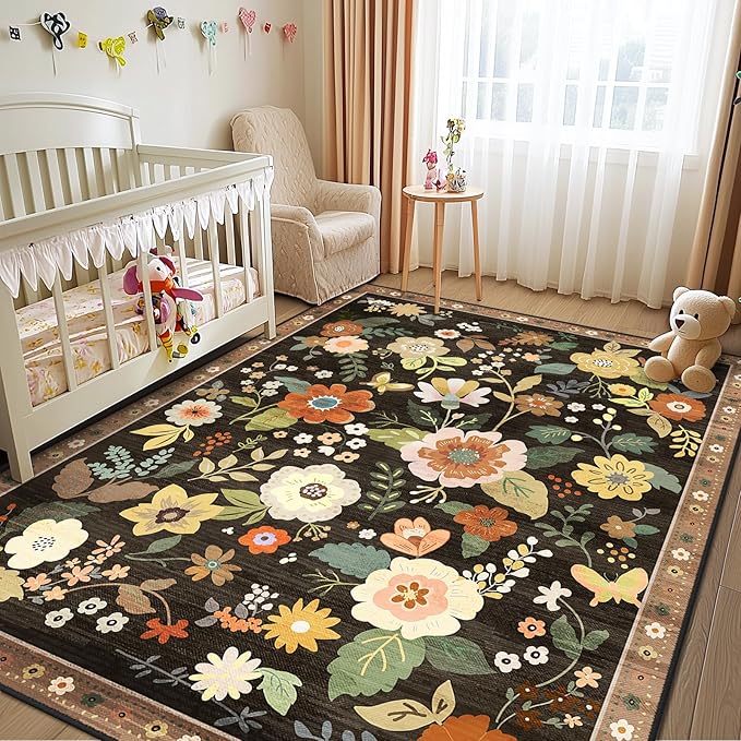 Floral 3x5 Area Rug Machine Washable Soft Print Boho Carpet Non Slip Doormat Low Pile Flower Area Rugs for Living Room Bedroom Nursery Kitchen Dining Room Indoor-Black/Yellow/Red