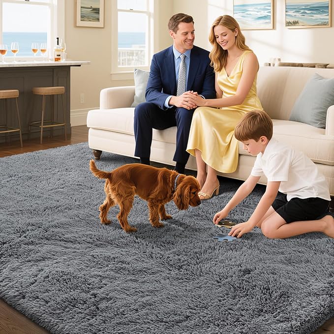 Fluffy Rug Shaggy Area Rug, Dark Grey 6x9 Area Rugs for Living Room, Large Shag Area Rugs for Bedroom Kids Room Home Decor, Upgrade Anti-Skid Rectangular Fuzzy Rugs