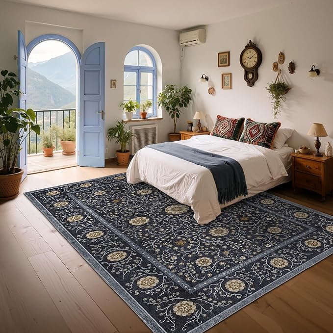 GarveeHome Boho 8x10 Area Rugs for Living Room, Floral Vintage Rugs for Bedroom with Soft Low Pile, Non Slip Stain Resistant Washable Rug 8x10 for Dining Room Blue Large Carpet for Office Playroom