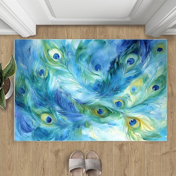 Peacock Feather Rug 3x4-3x4 Rug, Teal Turquoise Area Rugs for Bedroom, Malachite Green Feather Rugs for Living Room, Peafowl Washable Mat, Peacock Feather Carpet - Peafowl Home Decor & Gifts