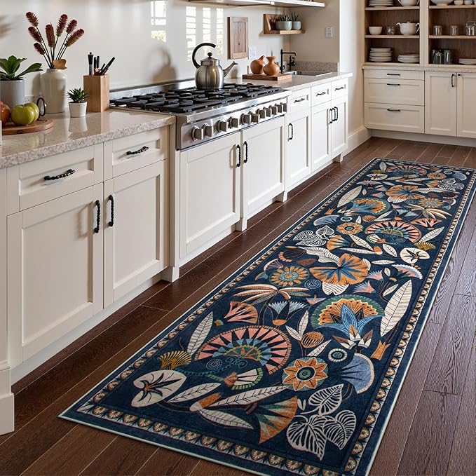 Egypt Floral Kitchen Runner Rugs Non Skid Washable,2x8 Boho Vintage Hallway Bathroom Runner Rug Non Slip,Soft Long Carpet for Laundry Room Entryway Bedroom (Dark Blue,2 x 8)