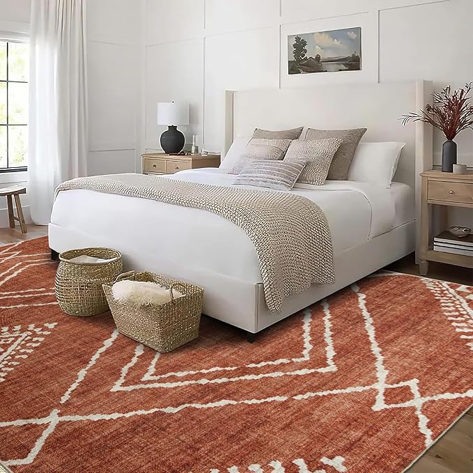 ReaLife Rugs Machine Washable Area Rug Runner - Living Room Bedroom Bathroom Kitchen Entryway Office - Padded Low Pile Stain Resistant Premium - Moroccan Diamond Tribal - Jax - Orange 3' x 5'
