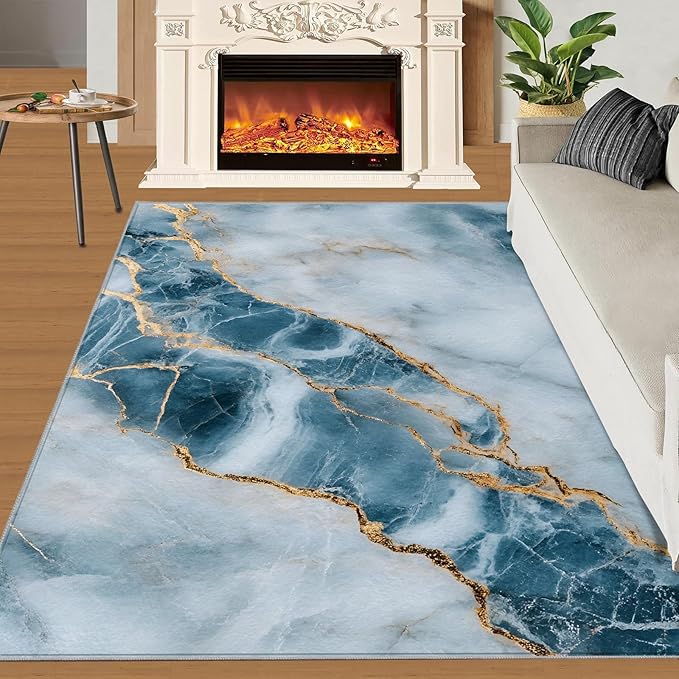 3x5 Abstract Marble Dorm Rug - Blue-White-Marble Small Rugs for Bedroom, Luxury Stone Pattern Area Rug Washable Non Slip for Bedroom Kitchen Living Room Entryway