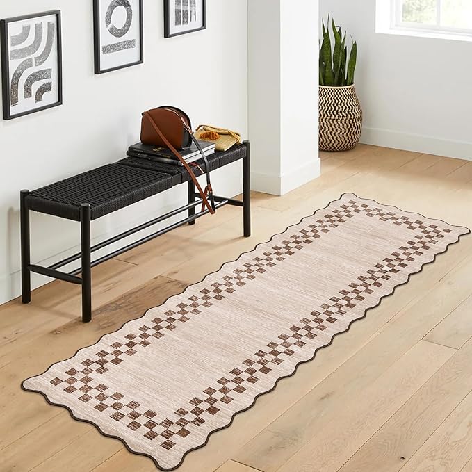 GarveeHome Hallway Runner Rug 2x6 Non Slip Scalloped Washable Rug for Kitchen Entry Stain Resistant Modern Border Throw Floor Carpet Long Runner Mat for Bathroom Living Room Bedside, Beige
