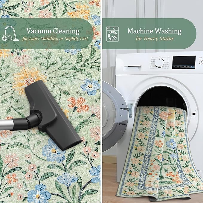 Morebes Boho Washable Area Rugs 8x10 Non Slip, Soft Floral Nursery Rug Girl Bedroom, Ultra-Thin Vintage Distressed Carpet for Living Room Dorm Aprtment, Green/Pink