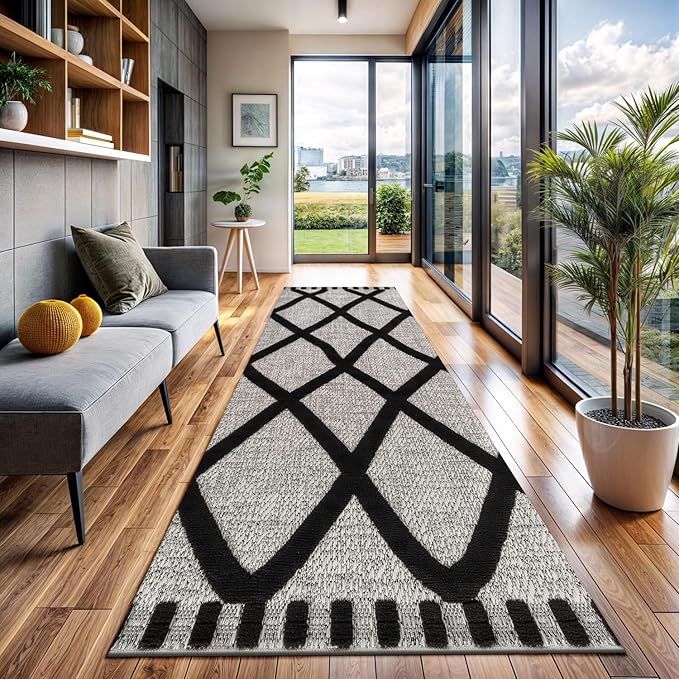 CAMILSON Modern Runner Rug 2x7 Luxury Diamond Pattern Micro Loop Hallway Rugs Soft High-Low Pile Stain Resistant Easy to Clean Non-Shedding Durable Entryway Kitchen Indoor Area Carpet (Black/Gray)