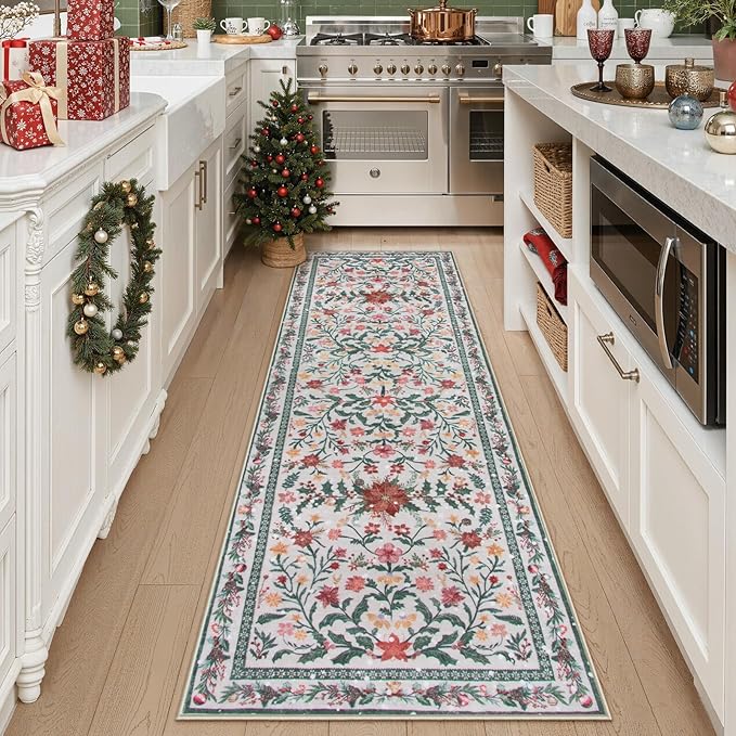 Wonnitar Christmas Runner Rug 2x6, Holiday Decor Christmas Kitchen Bathroom Rug, Washable Red and Green Botanical Xmas Decor Ultra-Thin Holiday Carpet Runner for Hallway Laundry Entryway