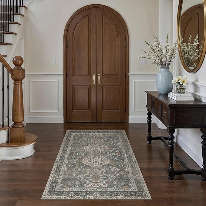 Bavni 3x5 Area Rug for Living Room Bedroom, Washable Boho Print Vintage Aesthetic Rug, Ultra-Thin Low Pile Rugs for Entryway Playroom with Non Slip Backing, Grey