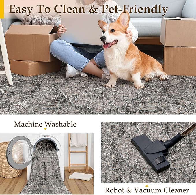 6x9 Washable Vintage Area Rug Black Grey Living Room Bedroom Carpet Non-Slip Soft Low Pile Distressed Indoor Throw Rug for Dining Room Entryway Office