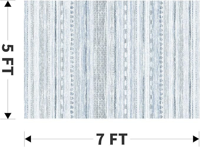 5x7 Area Rugs for Living Room Machine Washable Rug Distressed Indoor Carpet Neutral Moroccan Boho Rug Ultra Soft Area Rug for Bedroom Dining Room Playroom Office, Blue