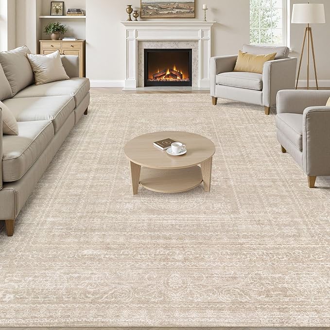 10x12 Area Rug Living Room: Washable Large Vintage Beige Rugs Neutral Non-Slip Soft Stain Resistant Indoor Carpet for Bedroom Nursery Dining Room Under Table Bed Home House Office Playroom