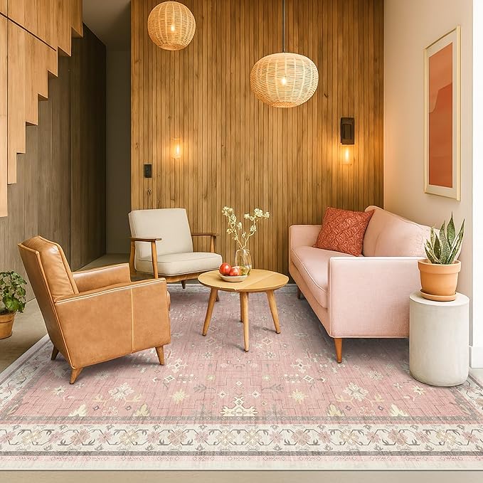 Pink and Gold Girls Rugs for Bedroom, 4x6 Non Slip Nursery Floral Area Rug, Machine Washable Kids Playroom Mat, Vintage Thin Low Pile Carpet for Living Room, Dorm