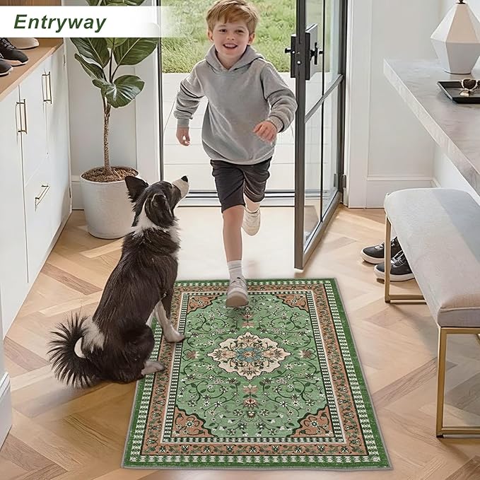 2' x 3' Green Washable Area Rugs, Non-Slip Entryway Rug, Boho Low Pile Door Mat Indoor Entrance, Floral Medallion Pattern Vintage Rugs for Kitchen Bedroom Bathroom Laundry Living Room Farmhouse