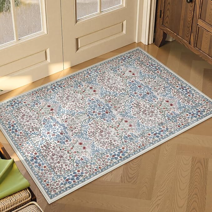 Lahome Floral Washable Rugs for Entryway, 2x3 Kitchen Rugs Non Slip Boho Soft Door Mat Indoor Entrance, Ultra-Thin Easy Clean Forest Design Small Throw Carpet for Bedroom Bathroom, Beige/Blue
